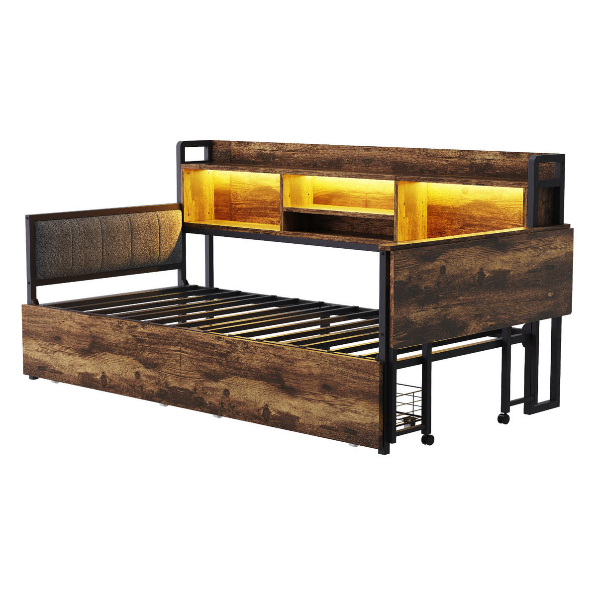 MULTIFUNKTIONSBETT aus Metall 90x200 cm Weiß/Holzfarbe mit LED, Steckdose, ausziehbarem Schreibtisch und 2 Schubladen - Naturfarben, Metall (90/200cm) - Modfu
