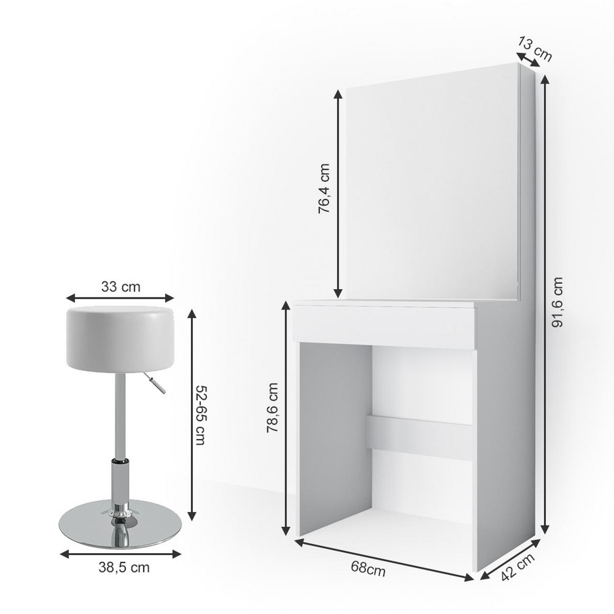 SCHMINKTISCH Melle Weiß 68 cm mit Hocker - Weiß, Holzwerkstoff (68/155/42cm) - Vicco
