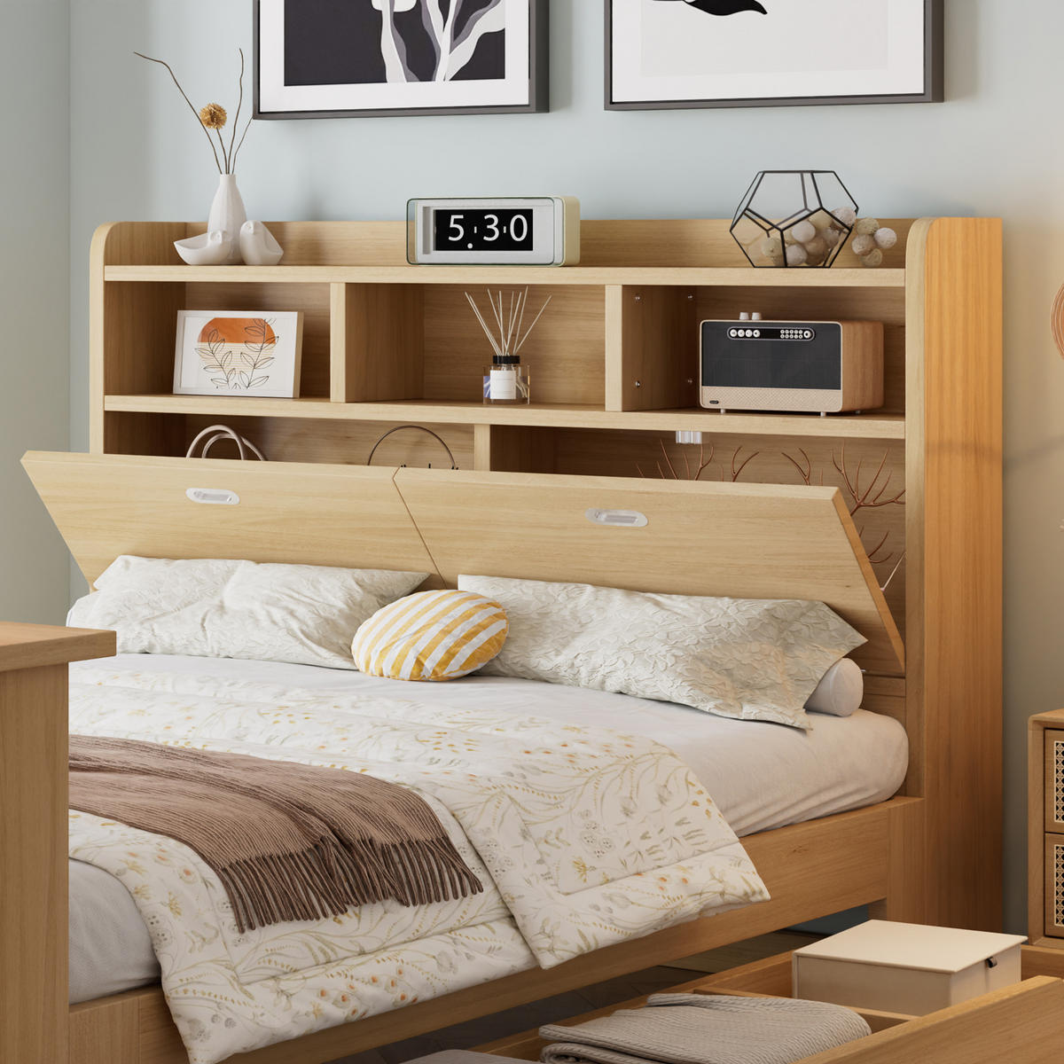 JUGENDBETT 140/200 cm in Naturfarben mit Stauraum, Kopfteilregal und Klapptisch aus Holz - Naturfarben, Holzwerkstoff - STILVORA