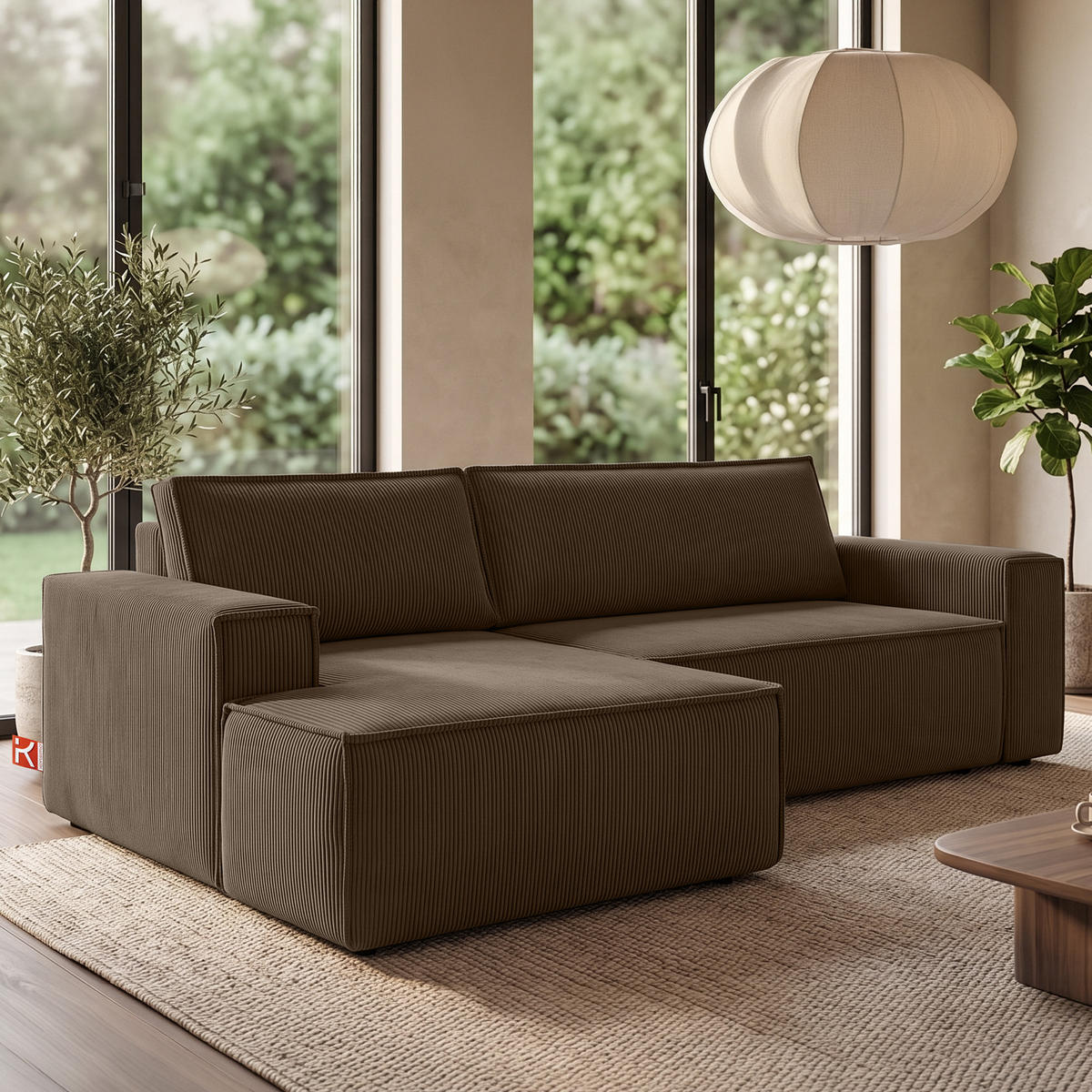 ECKSCHLAFSOFA-LINKS NAPI in Pet Friendly Cord-Stoff, dunkelbraun - Dunkelbraun/Schwarz, Textil (262/148cm) - KONSIMO®