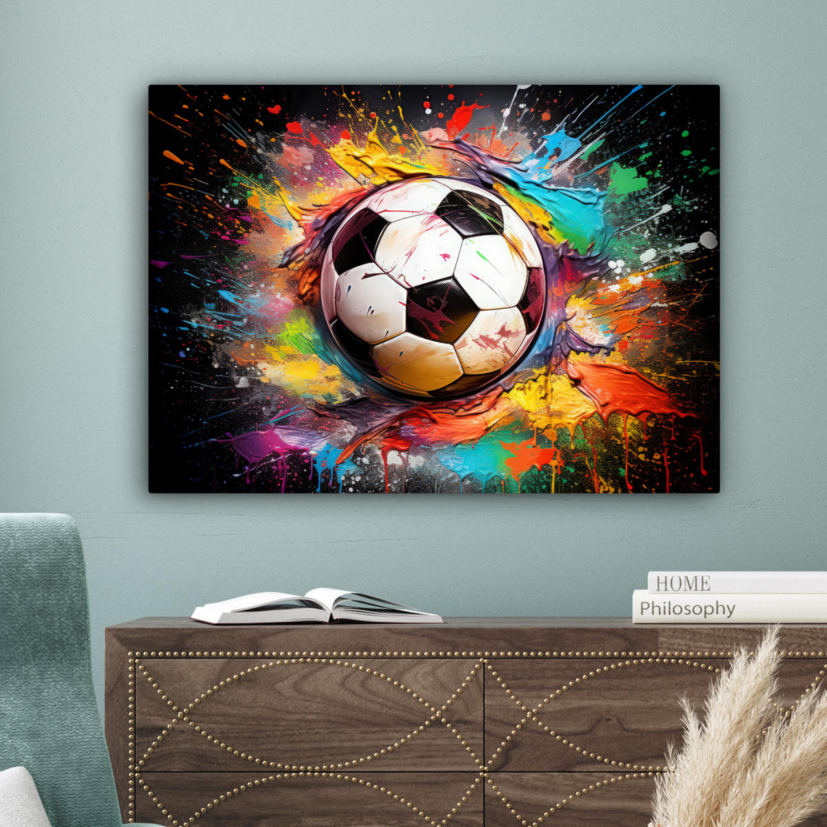 LEINWANDBILD Fußball - Farbe - Farben - Schwarz - Weiß Wandbilder 80x60 cm - Weiß, Textil (80/60cm) - MuchoWow