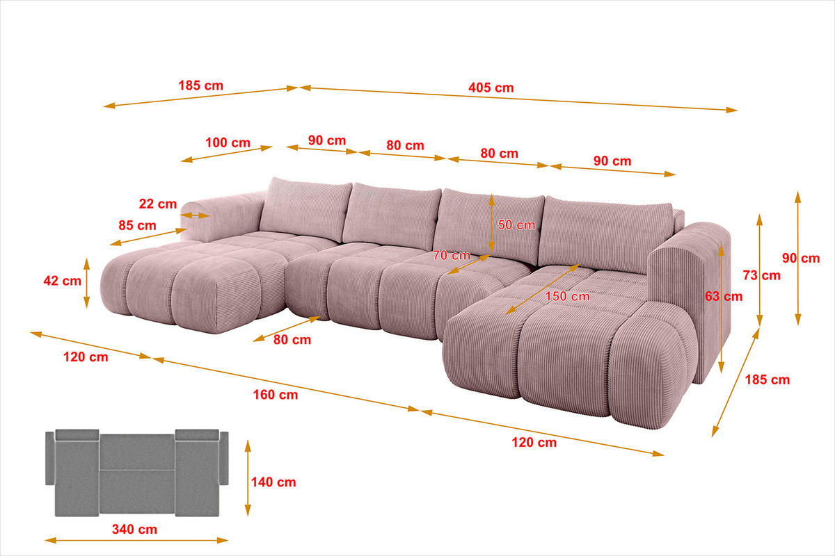 WOHNLANDSCHAFT CLOUD-U 405x185x90 Rosa Cord - Rosa, Holzwerkstoff/Kunststoff (405/90/185cm) - ALTDECOR