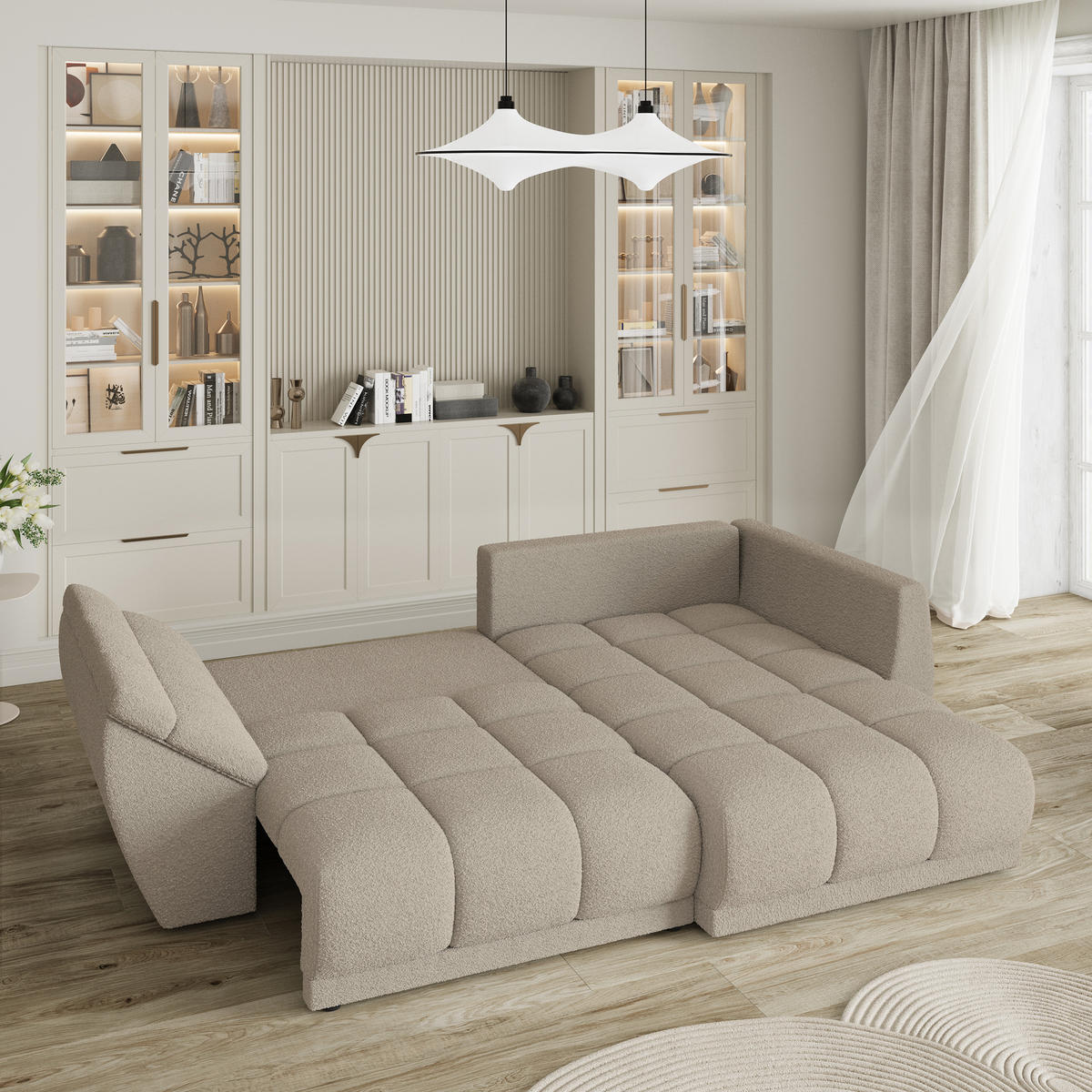 ECKSOFA ORENTI R-S Beige Boucle-Stoff mit Schlaffunktion - Beige, Holz (287/182cm) - MASSENO