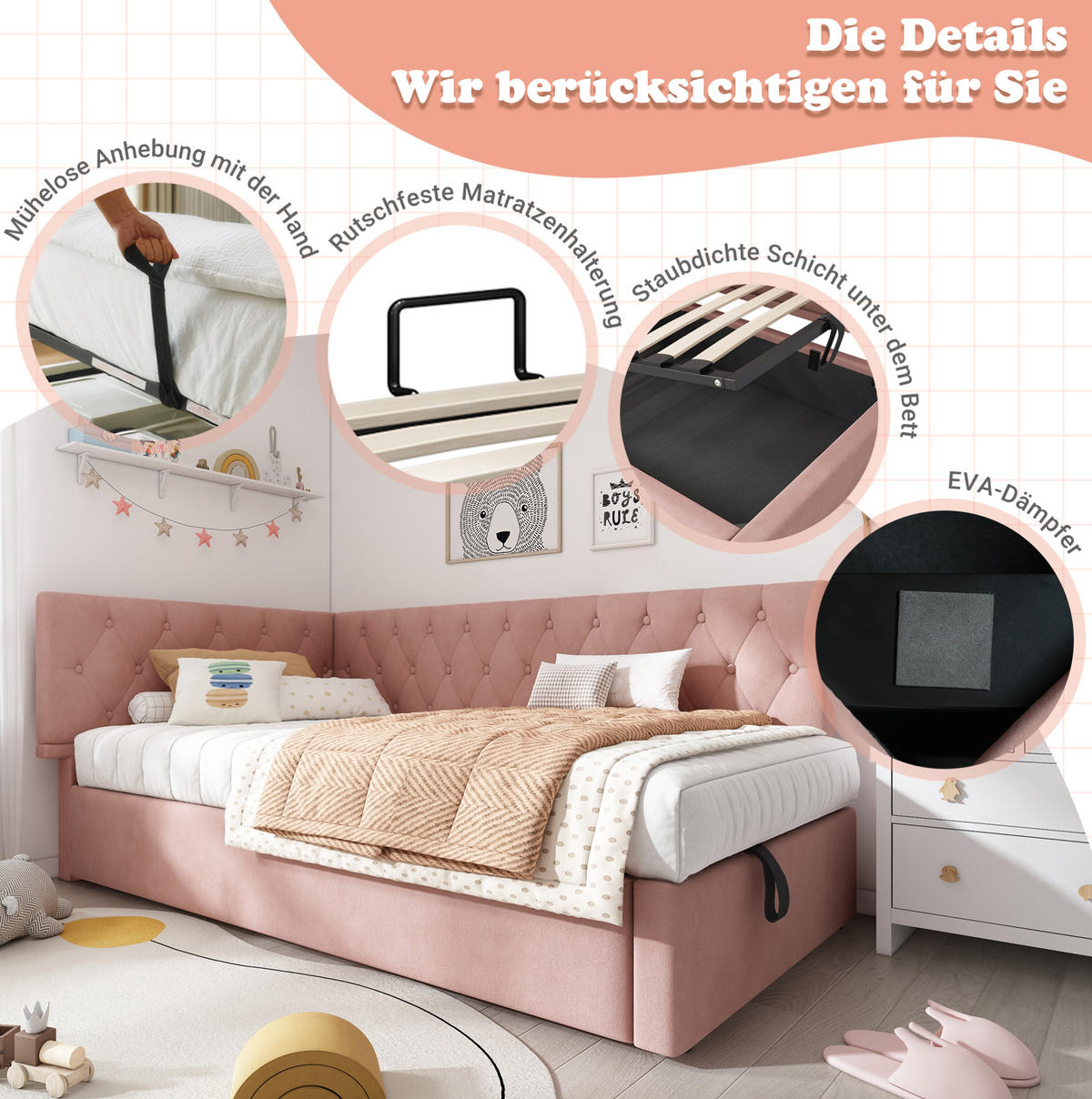 POLSTERBETT aus Samt 90x200 cm in Rosa mit hydraulischem Stauraum - Rosa, Textil (90/200cm) - Modfu