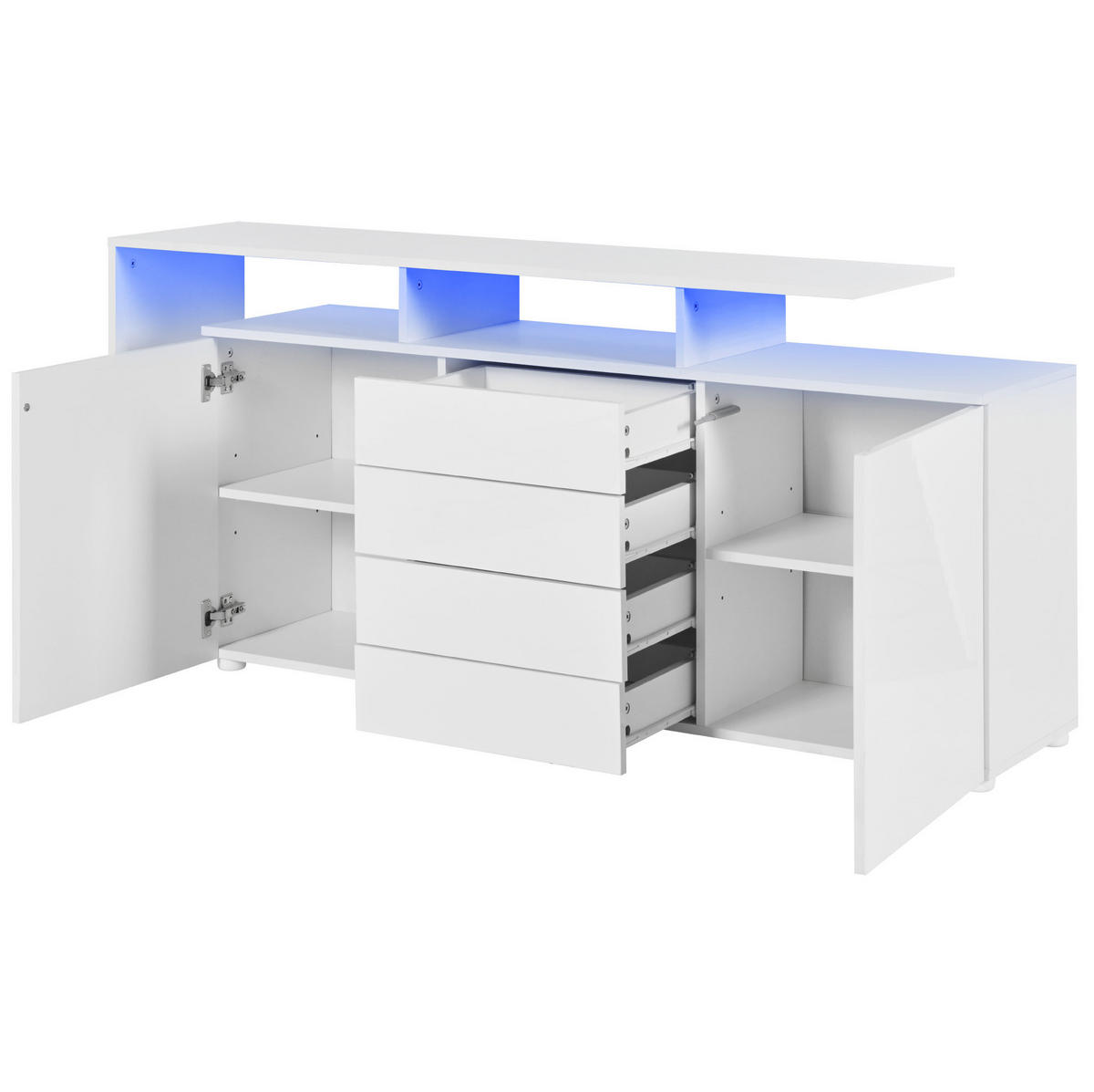 SIDEBOARD 160/35/70 cm mit LED-Beleuchtung, 4 Schubladen, 2 Türen und Push-to-open, Weiß - Weiß, Holzwerkstoff (160/70/35cm) - Redom