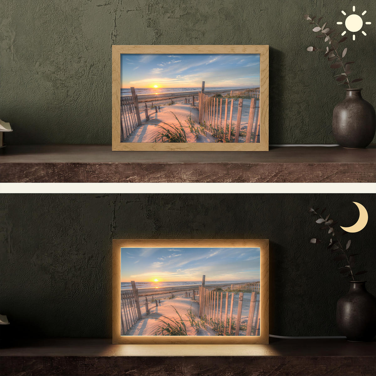 TISCHLEUCHTE Strand - Meer - Düne - Sonnenuntergang - Landschaft 30x20 cm - Creme, Holzwerkstoff (8/30/20cm) - OnlyWow