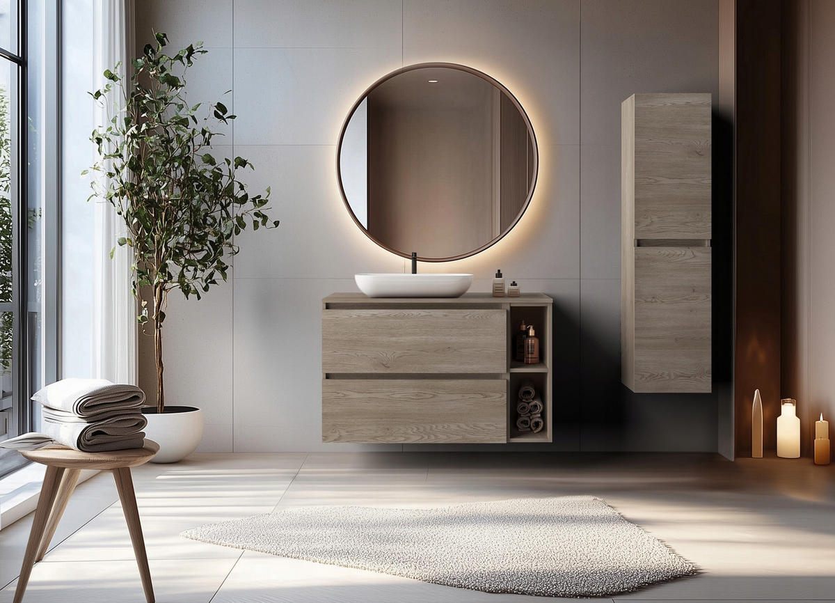 WASCHBECKUNTERSCHRANK SIMPLE 100cm mit Arbeitsplatte und einem Regal Eiche Dunkel - Wildeiche, Holz (100/62/46cm) - Rodan