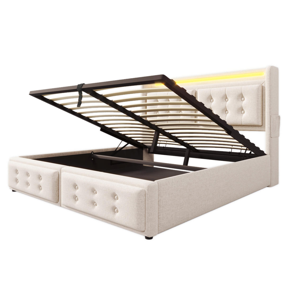 POLSTERBETT 180/200 cm mit Bettkasten, LED & USB/Typ-C, gepolstertes Kopfteil, Beige - Beige, Textil (180/200cm) - Redom