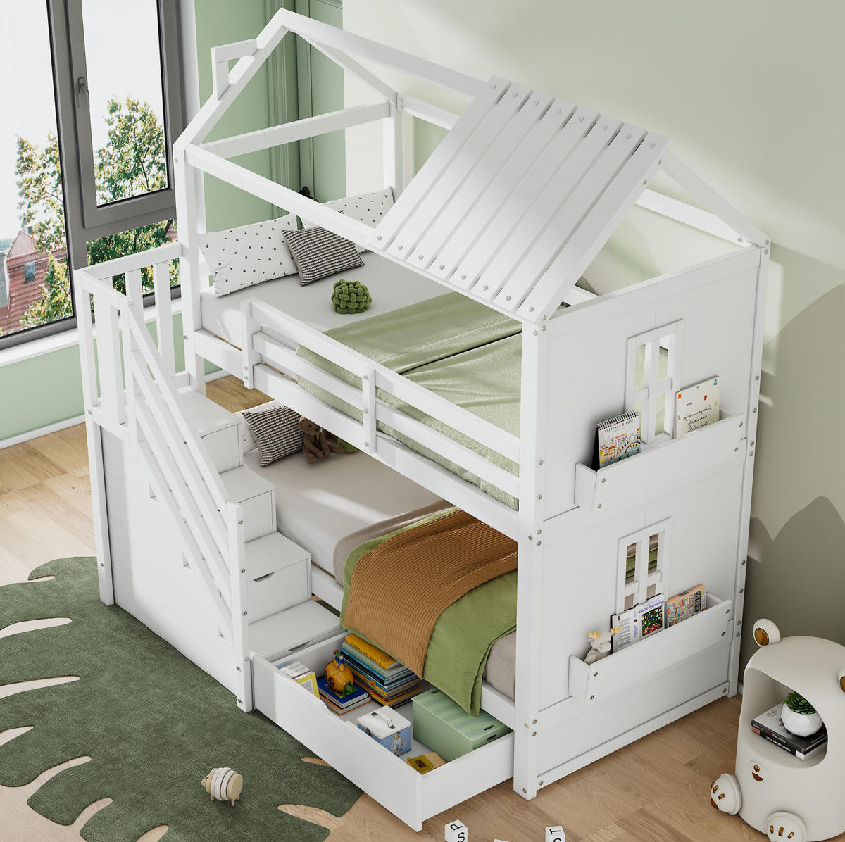 HAUSBETT 90/200 cm in Weiß mit Stauraumtreppe und Schubladen - Weiß, Holz (90/200cm) - BEAOK