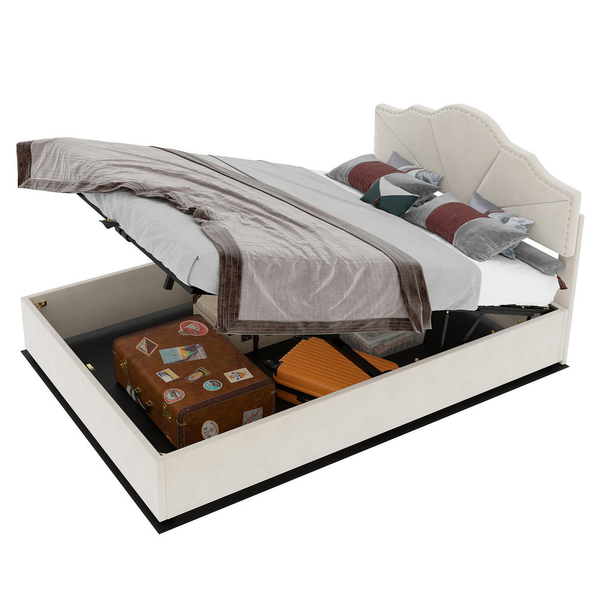 POLSTERBETT 140x200 cm Samt Stauraum hydraulisch beige - Beige, Textil (140/200cm) - Fortuna Lai