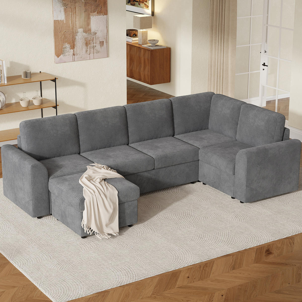 SOFA Grau L-Form Cord Ecksofa Hocker Schaumstoff 282cm - Grau, Textil (153/85/282cm) - FLIEKS