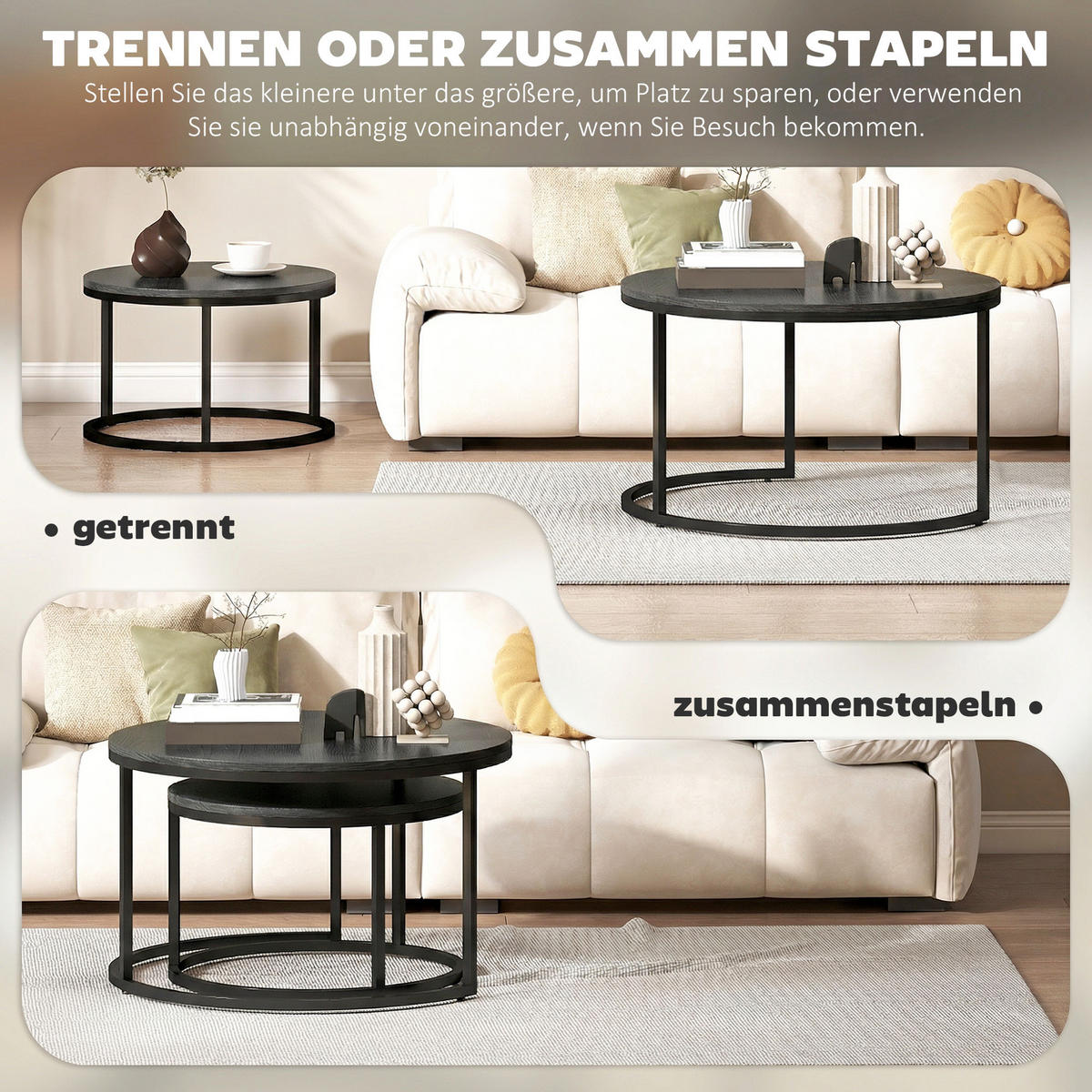 COUCHTISCH 2er-Set DE-08776 stapelbar, runde Tischplatten Schwarz - Schwarz, Metall (78.5/78.5/46.5cm) - ComfortXL