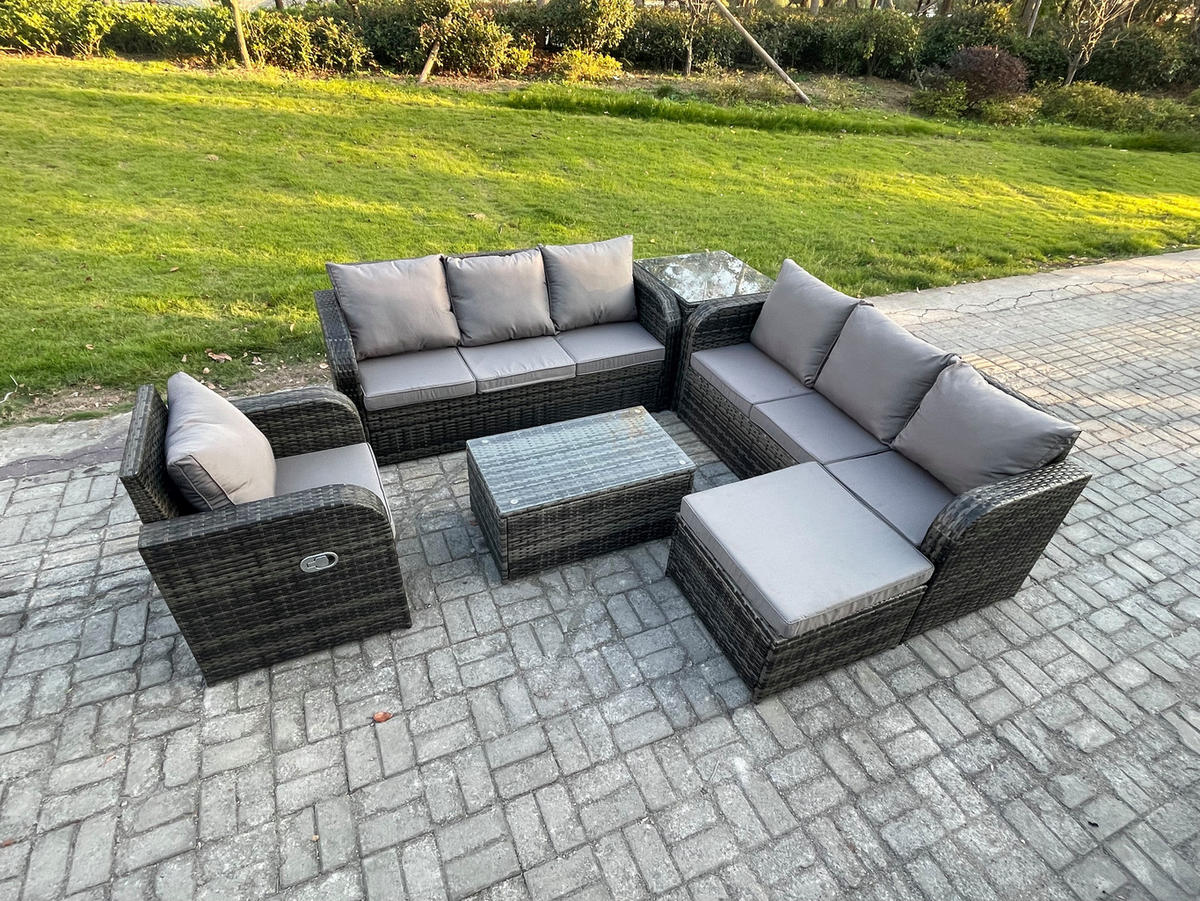 GARTENMÖBEL-SET mit Kissen Polyrattan Dunkelgrau 8-Sitzer - Dunkelgrau/Grau, Glas/Kunststoff - Fimous
