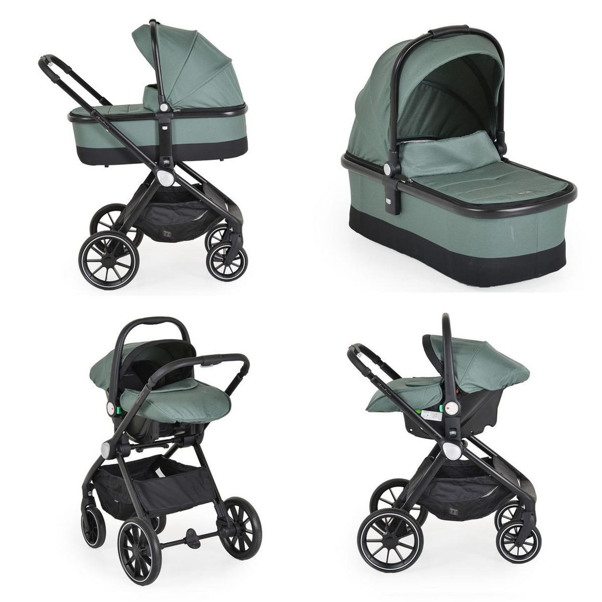 KOMBIKINDERWAGEN Christiano 3 in 1 grün Babywanne Babyschale klappbar Tasche - Grün, Metall (80/61/104cm) - Cangaroo