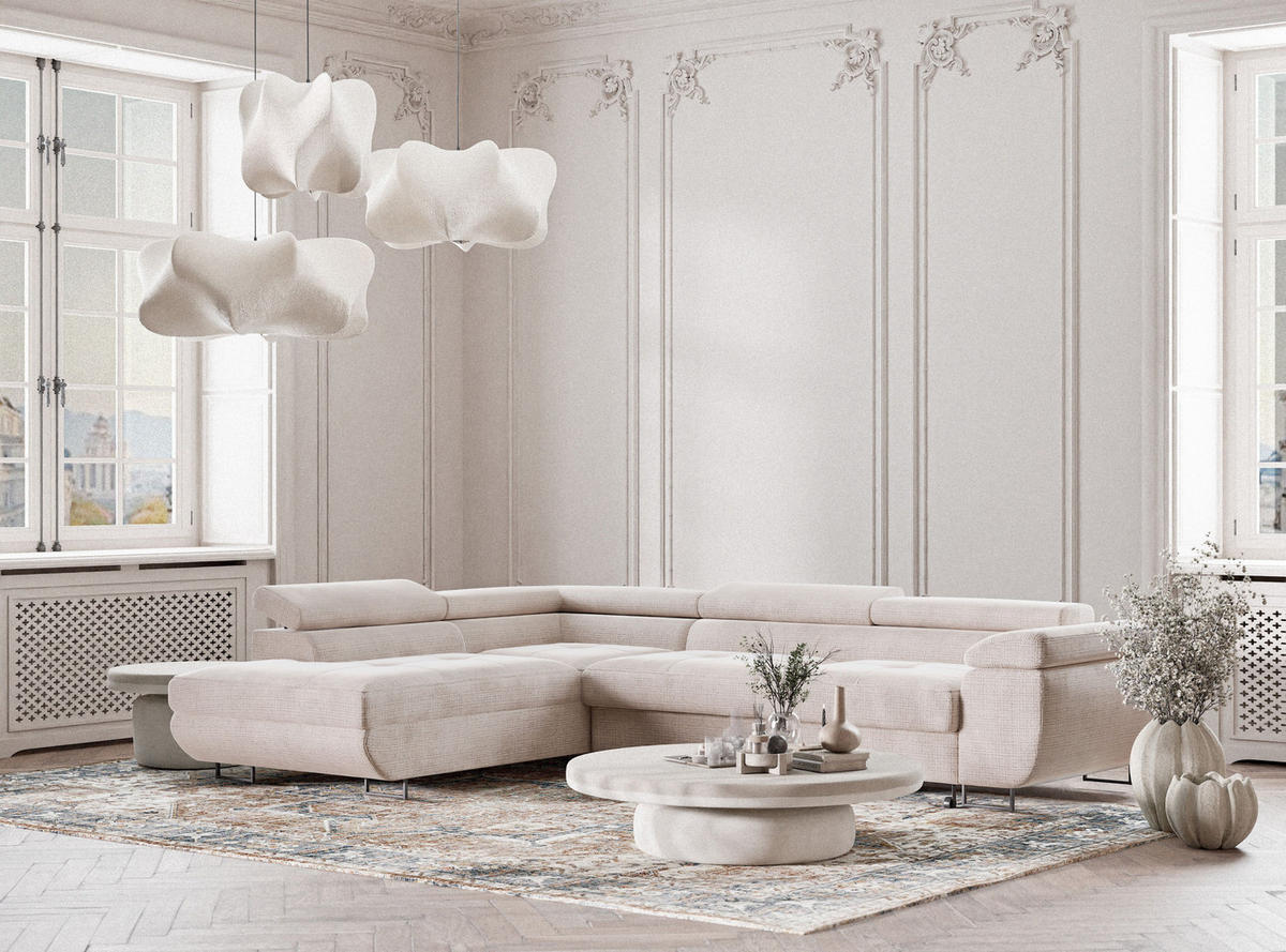 ECKSOFA Concord Creme Chenille-Stoff - Links Seite - Creme/Schwarz, Holz/Holzwerkstoff (203/277cm) - Maison de Reve