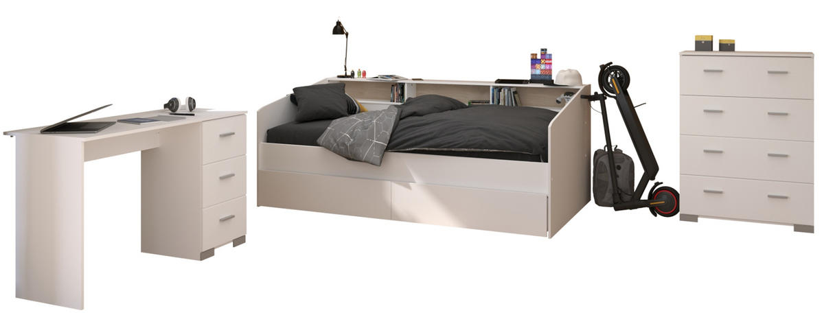 KINDERZIMMER Set 3-tlg. mit Schreibtisch Kommode Bett 90x200 cm - Silberfarben/Weiß, Holzwerkstoff/Kunststoff (120/107/82cm) - Parisot Meuble