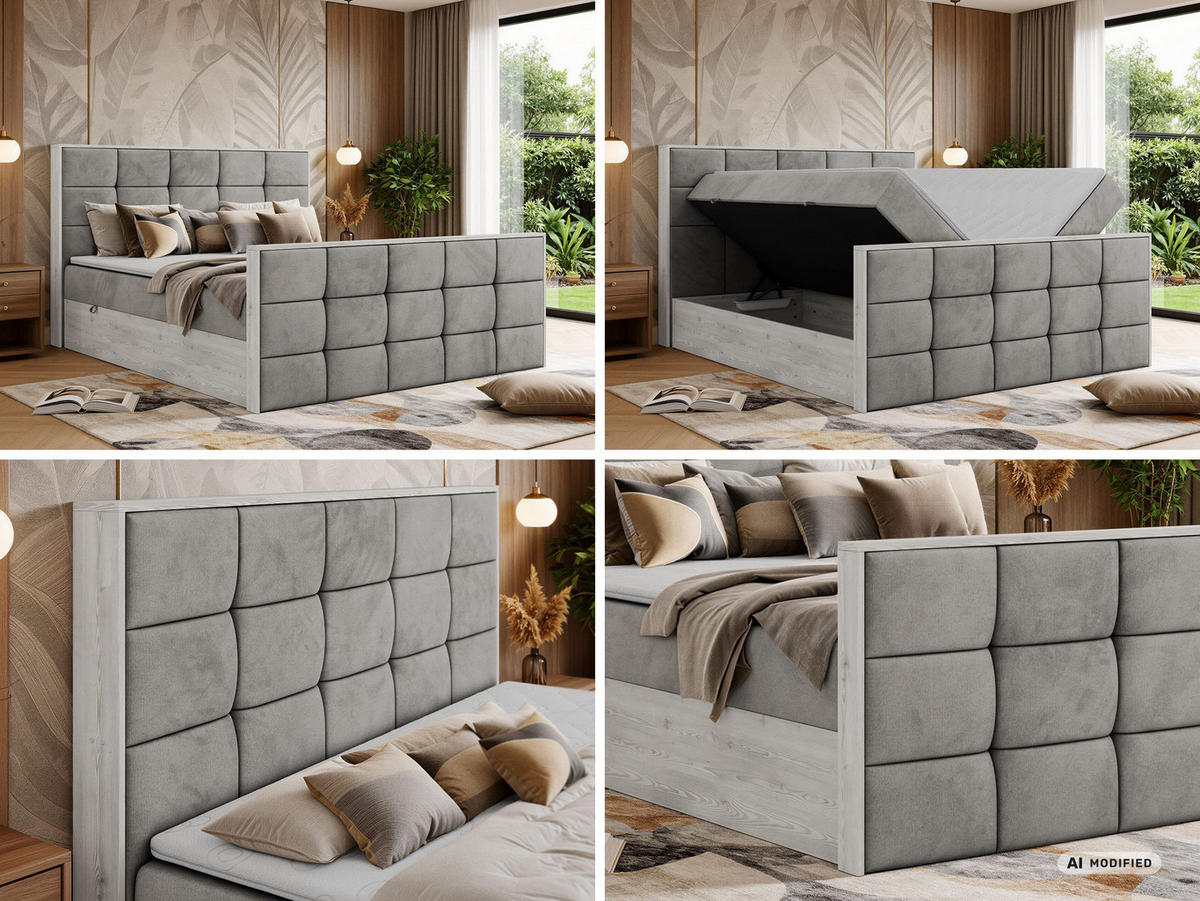 BOXBETT ALNOR DUO 140/200 - Hellgrau Velvet - Topper Visco - H3 - Hellgrau/Schwarz, Kunststoff/Textil (140/200cm) - MKS