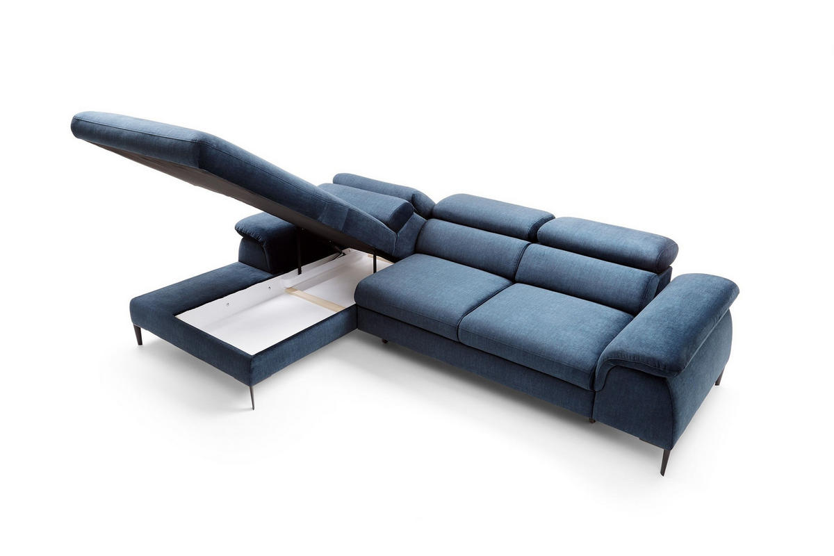 ECKSOFA MESTO Blau Velours-Stoff mit Schlaffunktion - Blau, Holz (288/182cm) - MASSENO