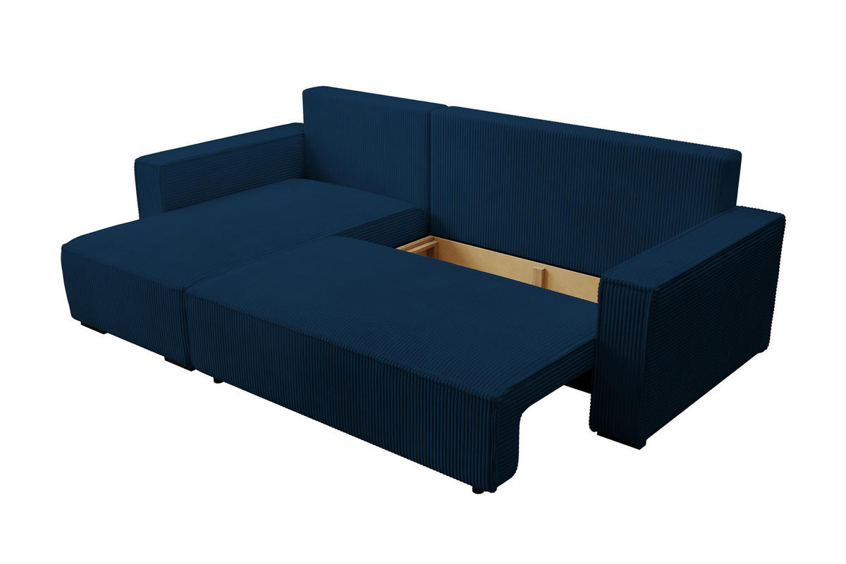 ECKSOFA CUDDY L, Eckcouch in L-Form mit Schlaffunktion und Bettkasten, Farbe: Blau, Cordstoff, Ottomane Links - Blau, Textil (240/140cm) - Storez24