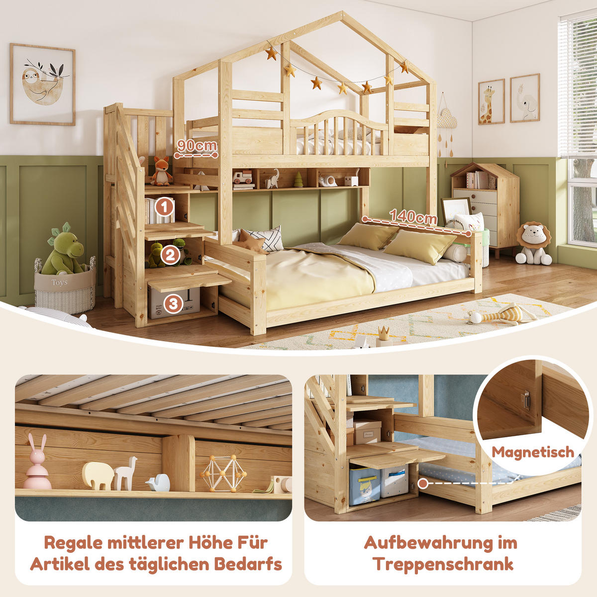 ETAGENBETT 90/200 cm & 140/200 cm in Beige & Natur mit Treppenschrank und Regalen - Eichefarben, Holz/Holzwerkstoff (90/200cm) - WISHDOR