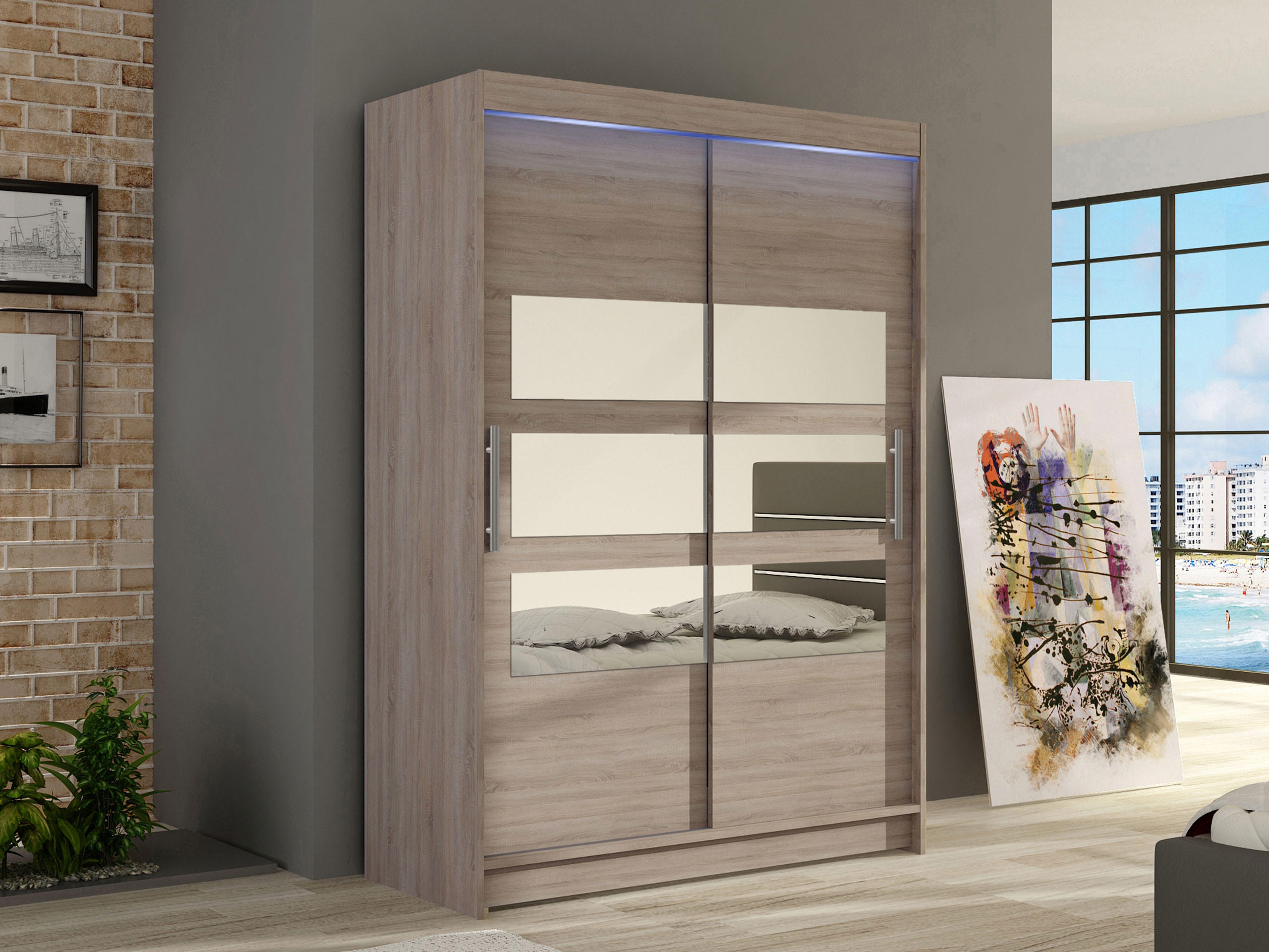 KLEIDERSCHRANK Miami V, mit RGB LED Beleuchtung - Silberfarben/Trüffeleichefarben, Holzwerkstoff/Kunststoff (120/200/58cm) - MIRJAN24