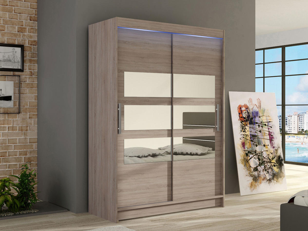 KLEIDERSCHRANK Miami V, mit RGB LED Beleuchtung - Silberfarben/Trüffeleichefarben, Holzwerkstoff/Kunststoff (120/200/58cm) - MIRJAN24