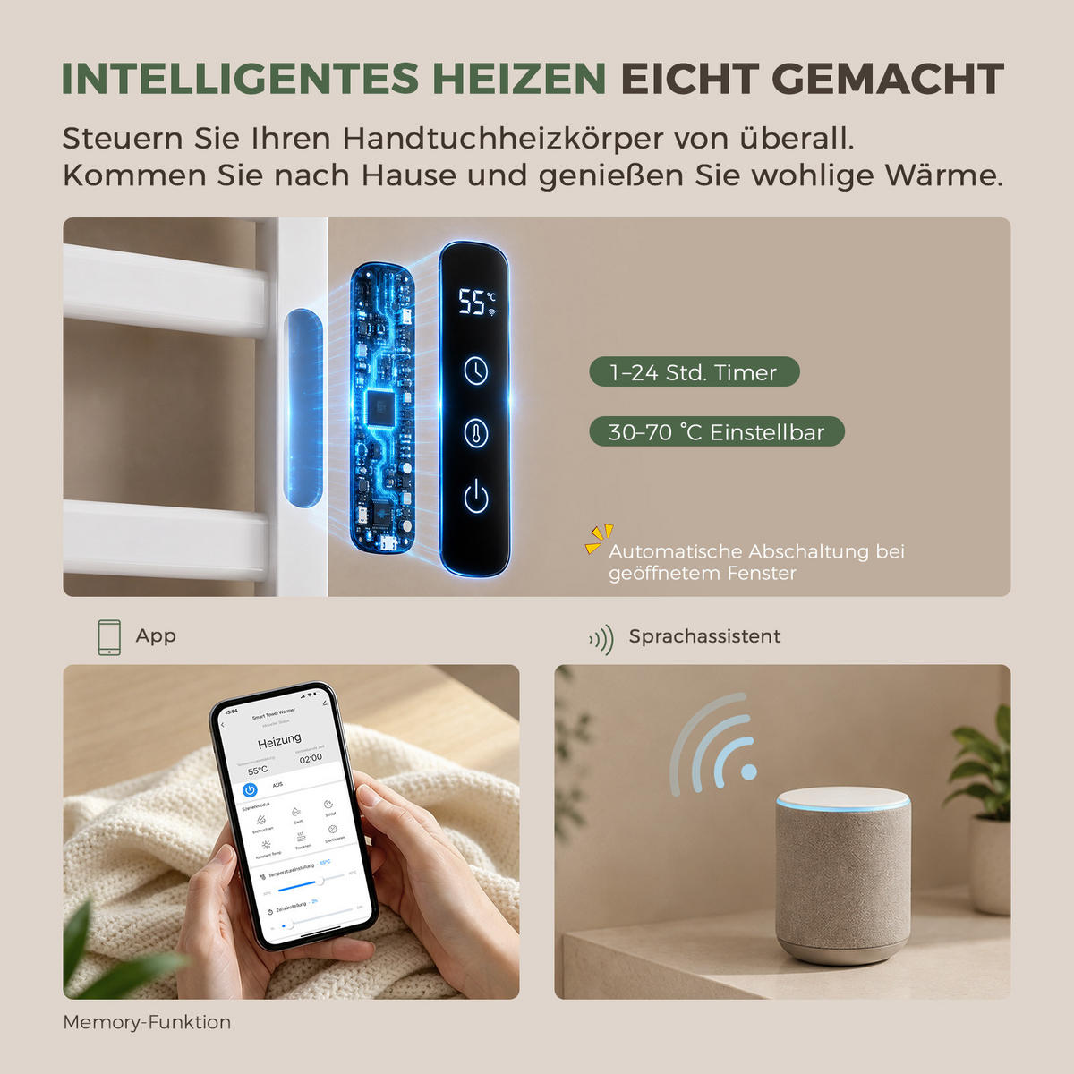 HANDTUCHHEIZKÖRPER 45/60 cm Weiß elektrisch 155 W mit WLAN, Ablage und 6 Haken - Weiß, Metall (60/45/20cm) - S'AFIELINA