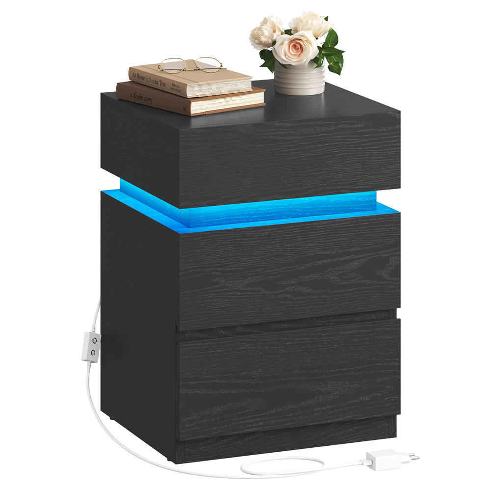NACHTTISCH LED 40/55/35 cm mit Schubladen Farbwechsel - Schwarz, Holz (40/55/35cm) - Kaket