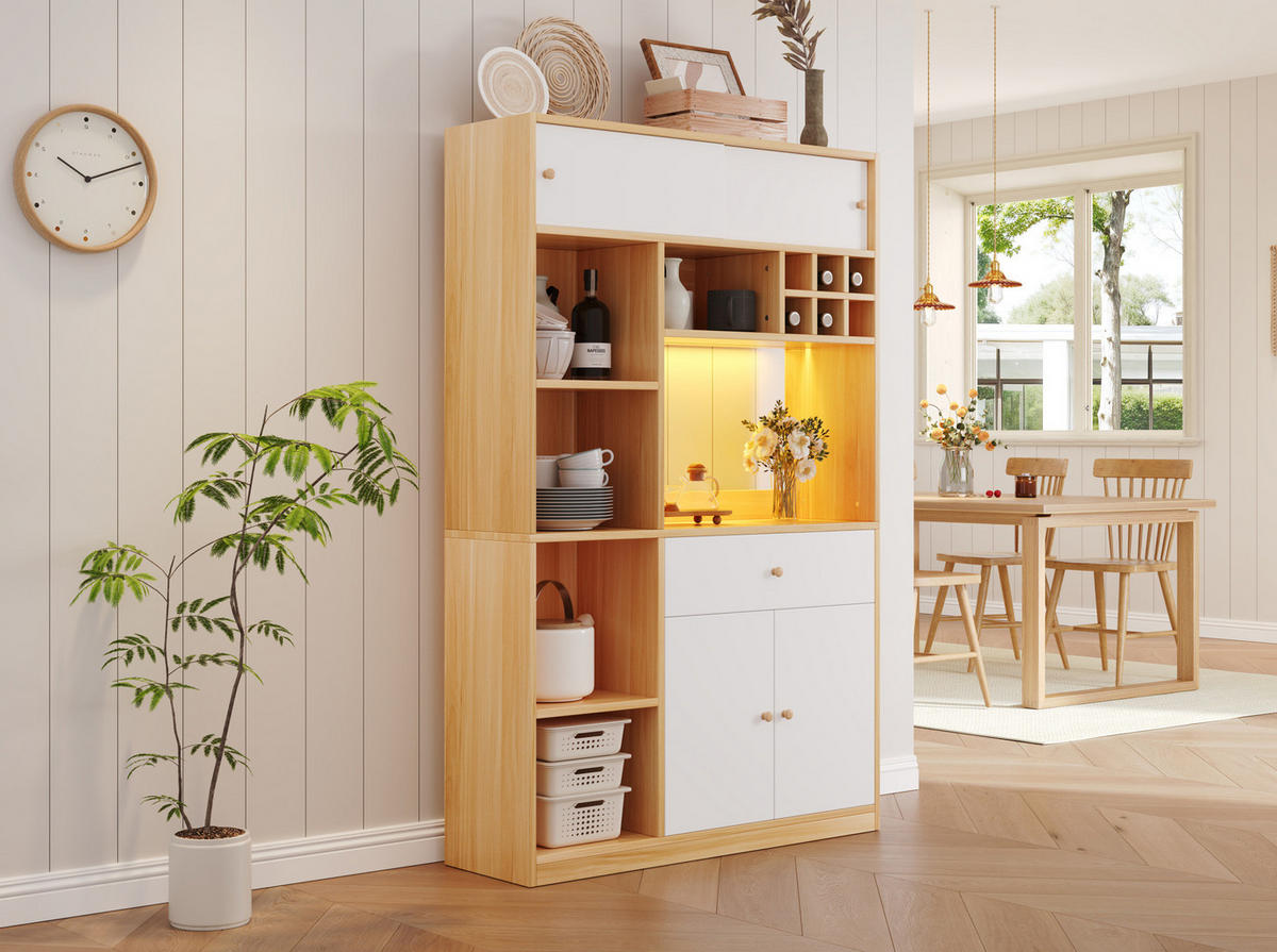 HIGHBOARD 115/35/180 cm, mit einstellbarer LED-Beleuchtung und viel Stauraum, Weiß/Natural - Naturfarben, Holzwerkstoff (115/180/35cm) - Redom