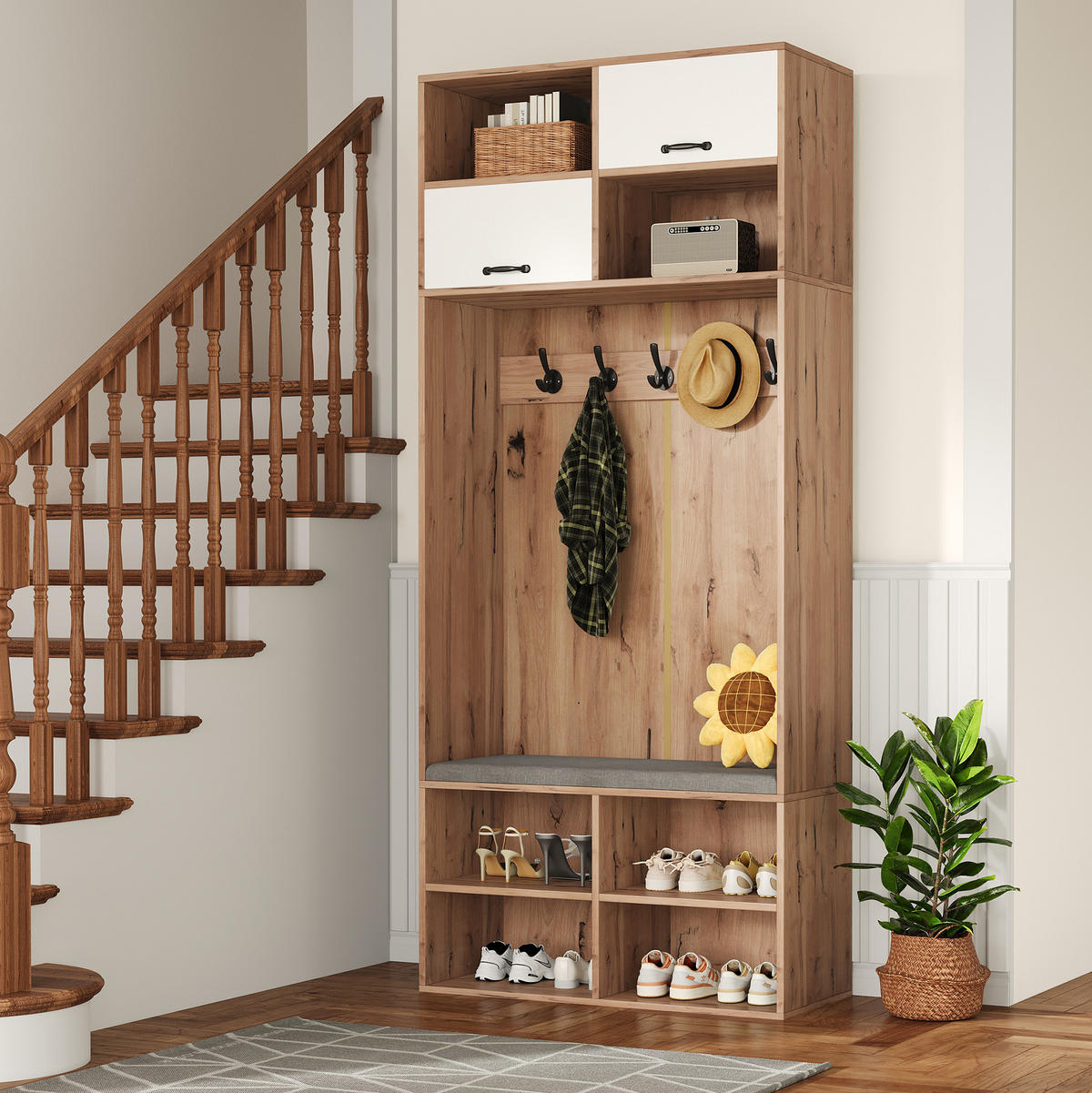 DIELENGARDEROBE mit Sitzbank, 5 Haken und Stauraum, Weiß/Natur, 80/35/185 cm - Naturfarben, Holzwerkstoff (80/185/35cm) - BEAOK