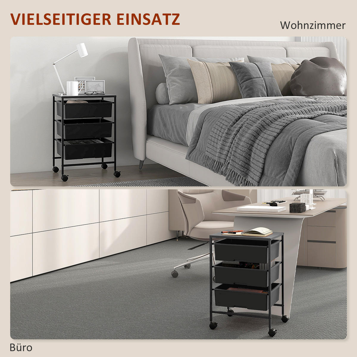 ROLLWAGEN, Servierwagen mit 3 Etagen, 40,8 x 33,5 x 60,5 cm, Schwarz - Schwarz, Metall (40.8/60.5/33.5cm) - HOMCOM