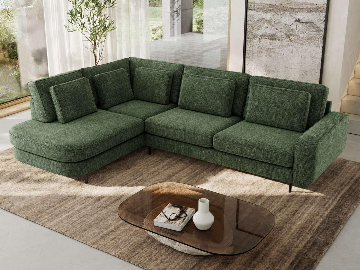 ROHOVÁ SEDAČKA CALENO L - Tmavě zelená hladký senil - Pravá Strana - černá/tmavě zelená, kov/textil (317/225cm) - MKS