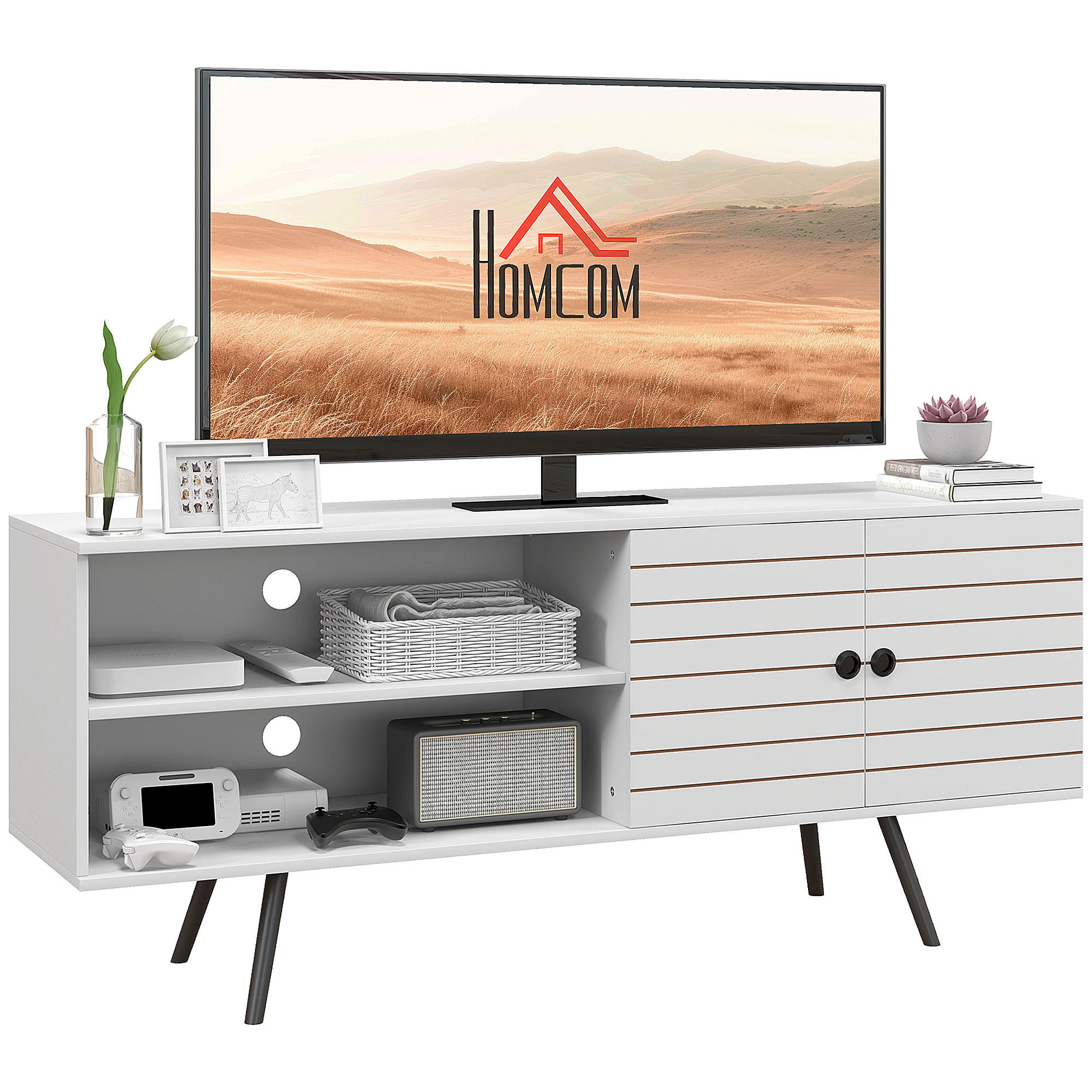 TV-LOWBOARD Weiß 145/38/65 cm, Soft-Close, Kabelmanagement, Holzbeine - Weiß, Holzwerkstoff (145/65/38cm) - PANGIVO