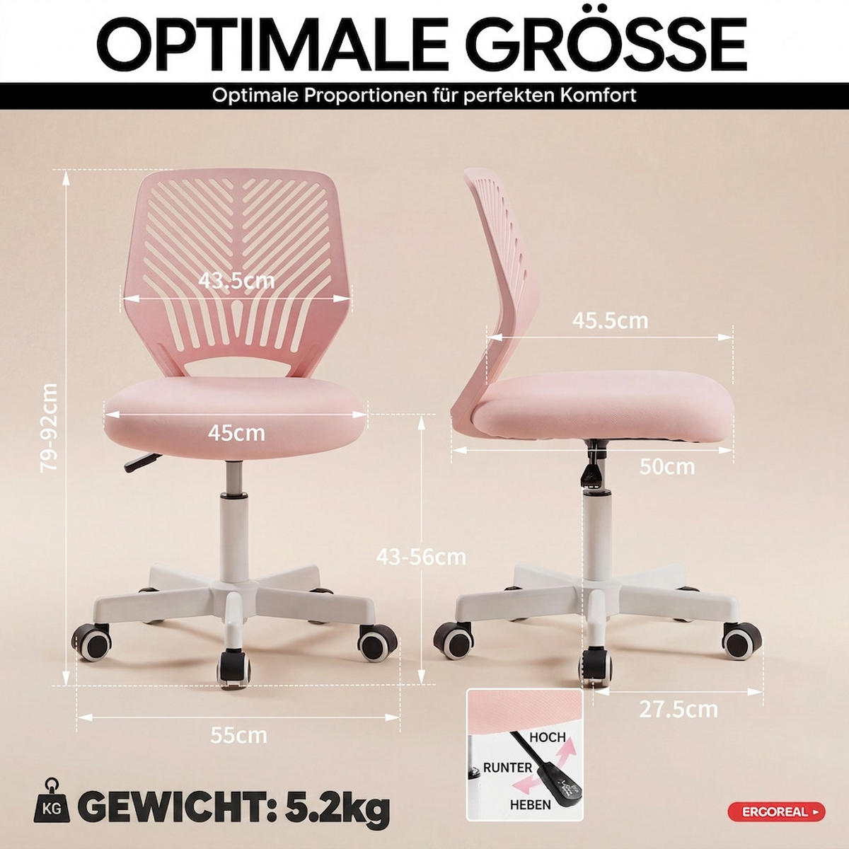 DREHSTUHL Rosa mit Rollen und Höhenverstellung - Rosa, Kunststoff (47/87/44cm) - Oxeza