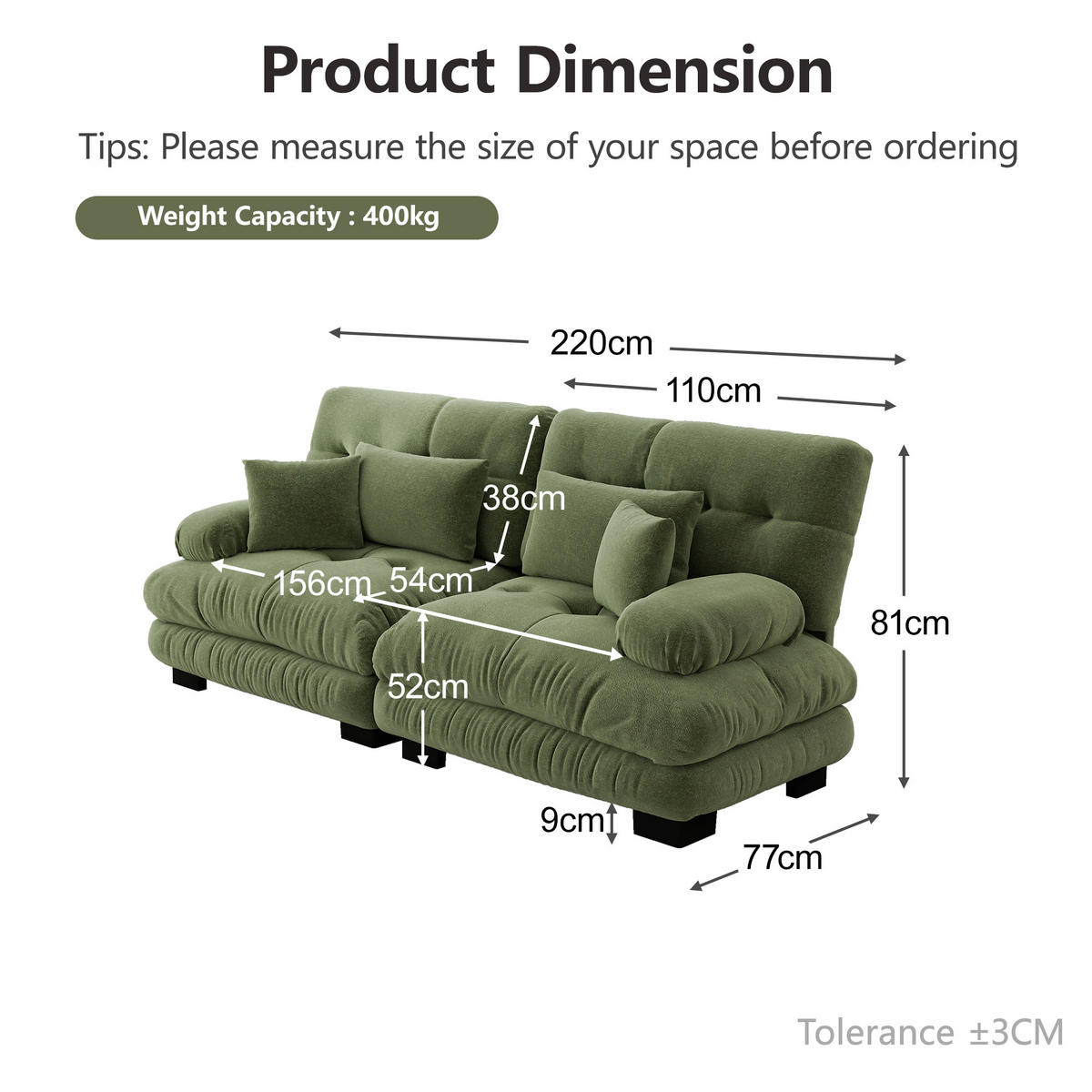SOFA PANG-M4R9B2 Grün - Grün, Textil (77/81/220cm) - PANGIVO