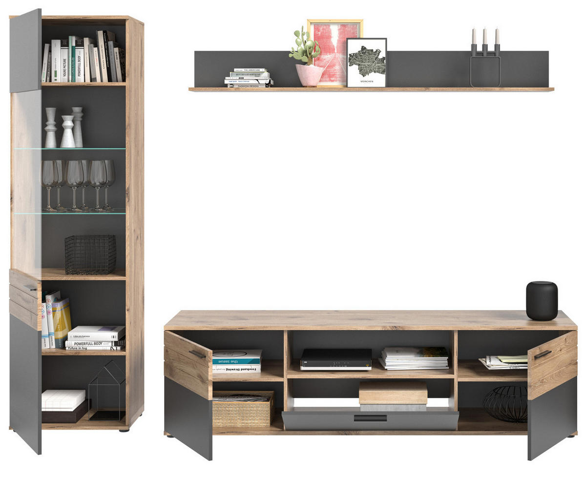 WOHNWAND Eiche, grau 3-teilig 266 cm, Schrankwand mit Soft-Close, Wohnzimmereinrichtung - Eichefarben/Schwarz, Holzwerkstoff/Kunststoff (266/200/47cm) - Inn.Furn
