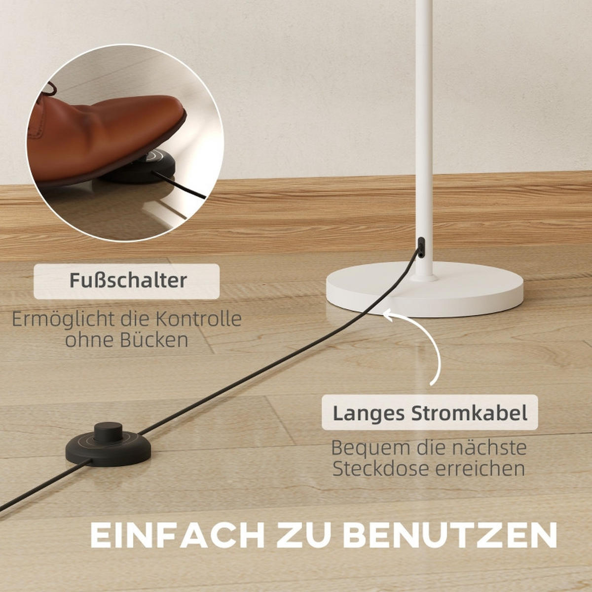 STEHLEUCHTE Weiße Stehlampe Ø35x153cm Wellenschirm mit Fußschalter-E27 Retro Standlampe - Weiß, Metall (35/35/153cm) - Raelunyi