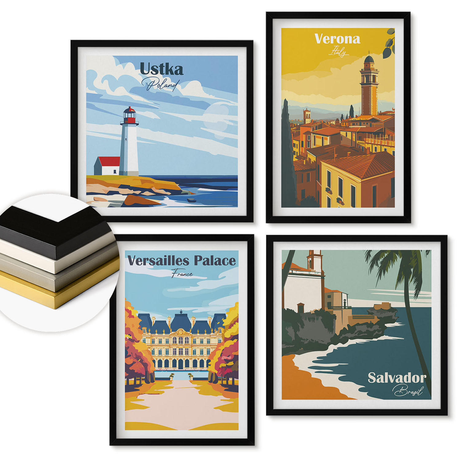 WANDBILDER 4er-Set - 50x50 cm & 40x60 cm Schwarzer Rahmen - Blicke auf berühmte Orte am Meer - Schwarz, Kunststoff (50/50cm) - ArtPrintCave