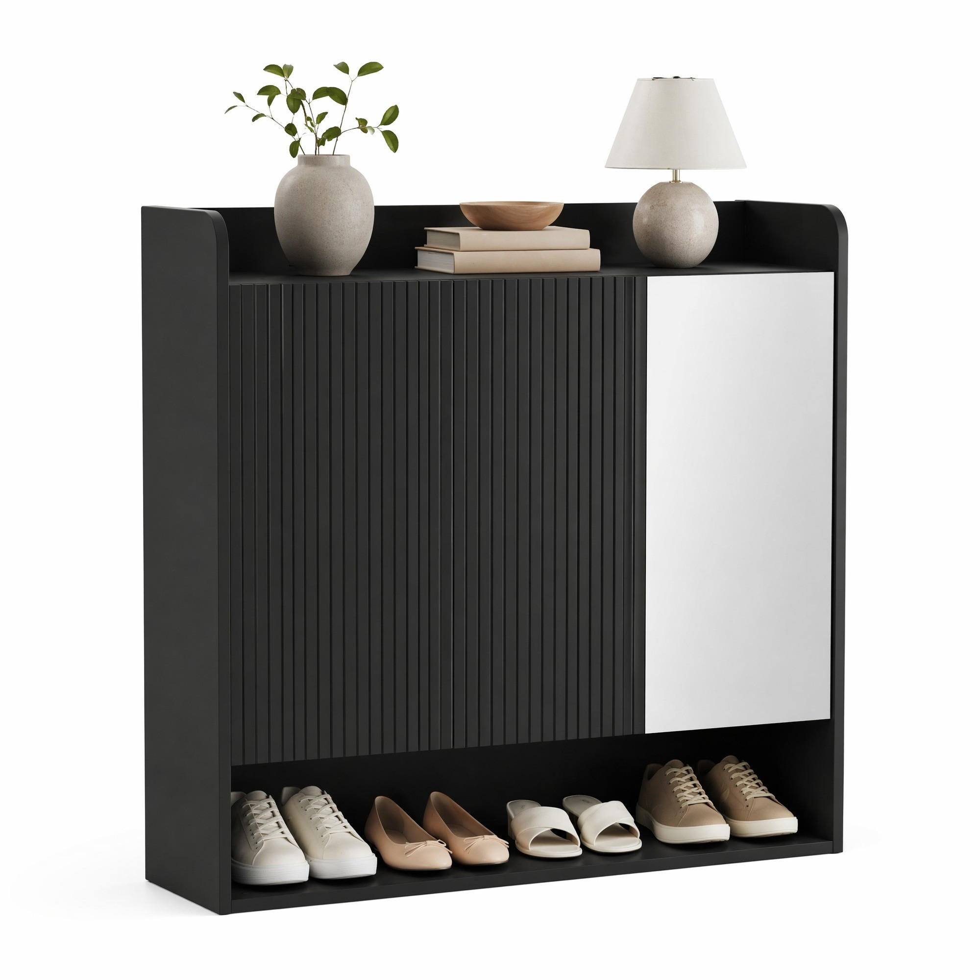 SCHUHSCHRANK mit Spiegel 110 x 35,5 x 110 cm MDF Schwarz - Schwarz, Holzwerkstoff (35.5/110/110cm) - Beauniv