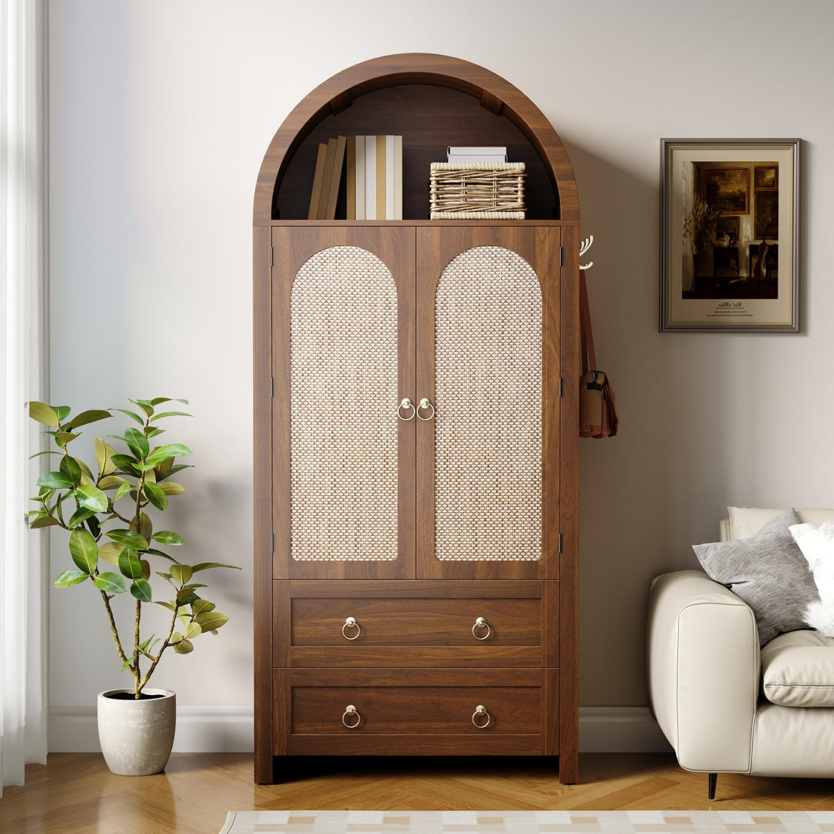KOMODA z MDF, 80/40/180 cm, v dekore orecha, s ratanovými dvierkami a zásuvkami - farba orecha, kompozitné drevo (80/180/40cm) - BEAOK