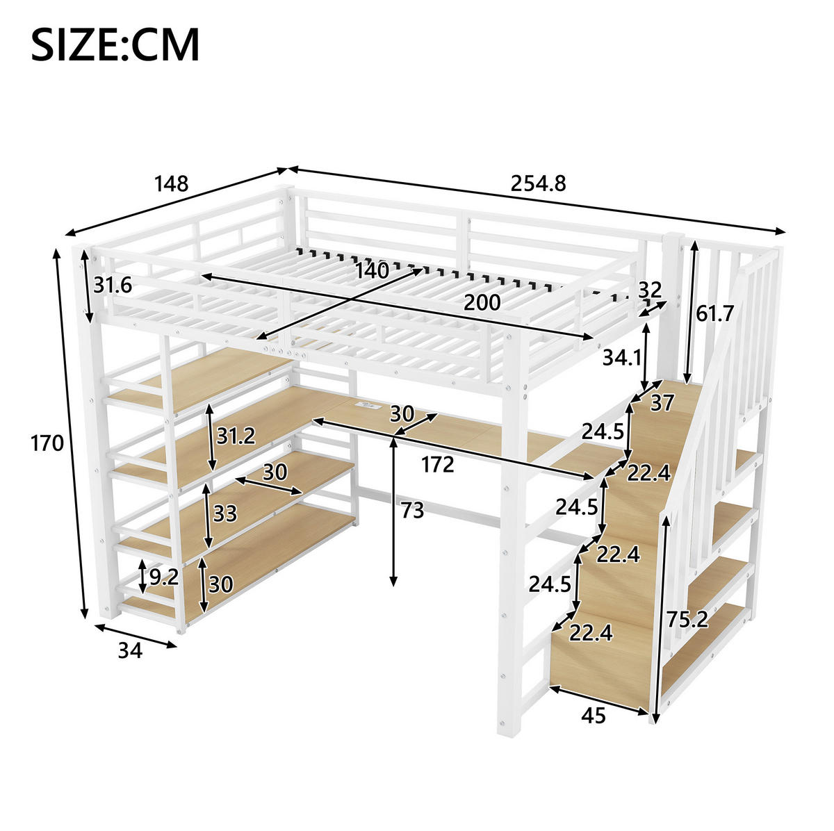 VYSOKÁ posteľ 140/200 cm biela z MDF a kovu s písacím stolom schodmi úložným priestorom USB a LED - biela, kompozitné drevo (140/200cm) - OKWISH