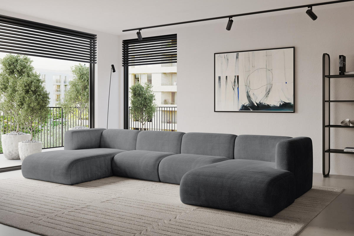 WOHNLANDSCHAFT MIRA-U2 408x179x70 Dunkelgrau Cord - Dunkelgrau/Schwarz, Holzwerkstoff/Kunststoff (408/70/179cm) - ALTDECOR