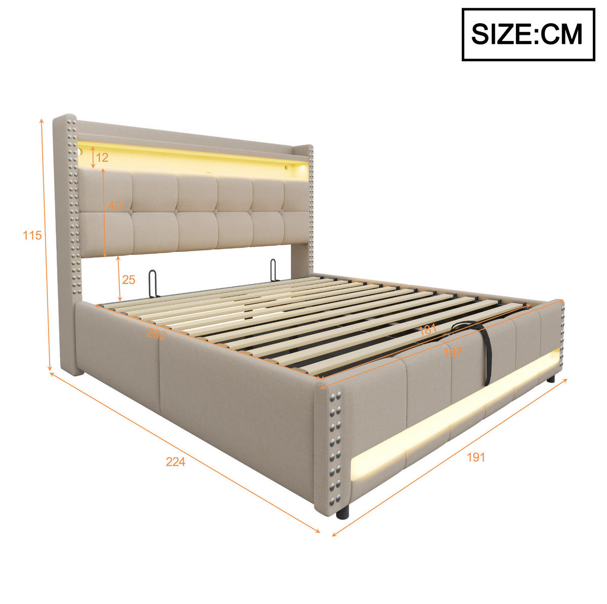 ČALÚNENÁ posteľ 180/200 cm s LED osvetlením, USB portom, úložným priestorom a hydraulickým zdvihom, Béžová - béžová, textil (180/200cm) - Redom