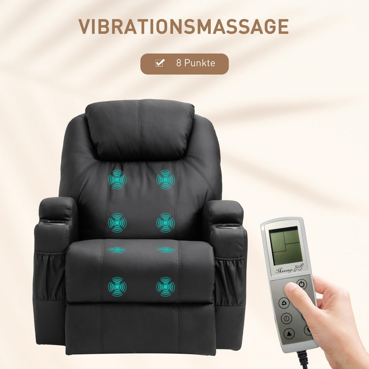 MASSAGESESSEL elektrisch Relaxsessel Fernsehsessel Liegefunktion Schwarz - Schwarz, Leder (97/110/82cm) - HOMCOM
