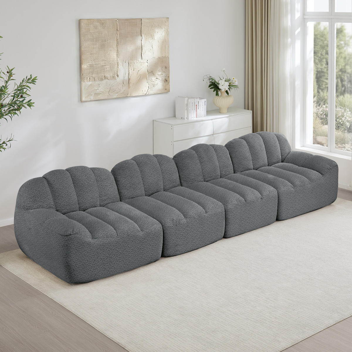 MODULARES 4-Sitzer-Sofa aus granuliertem Fleece mit ergonomischer Muschelform Grau - Grau, Textil (104/79/366cm) - Modenvie