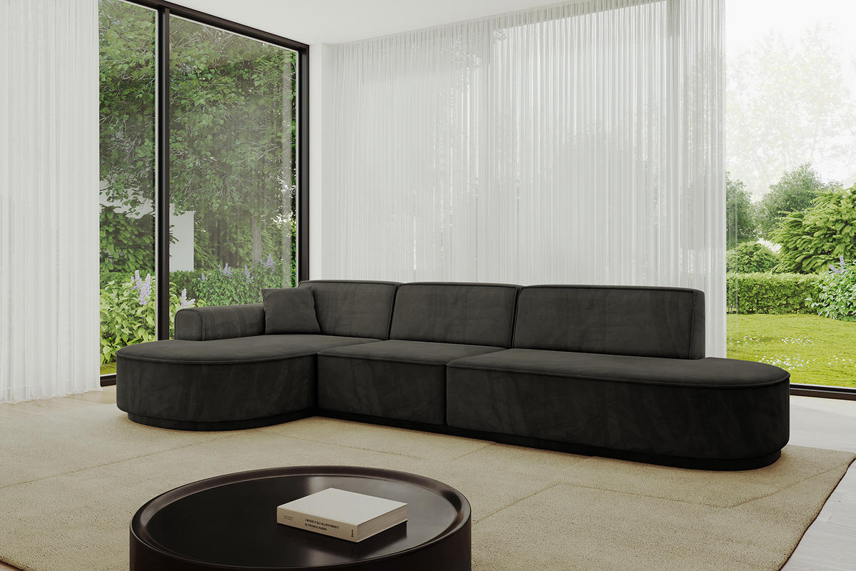 ECKSOFA Ottomane Links MARI-L2-v3 - 328x171x83 cm Schwarz Velours - Schwarz, Holzwerkstoff/Kunststoff (328/171cm) - ALTDECOR