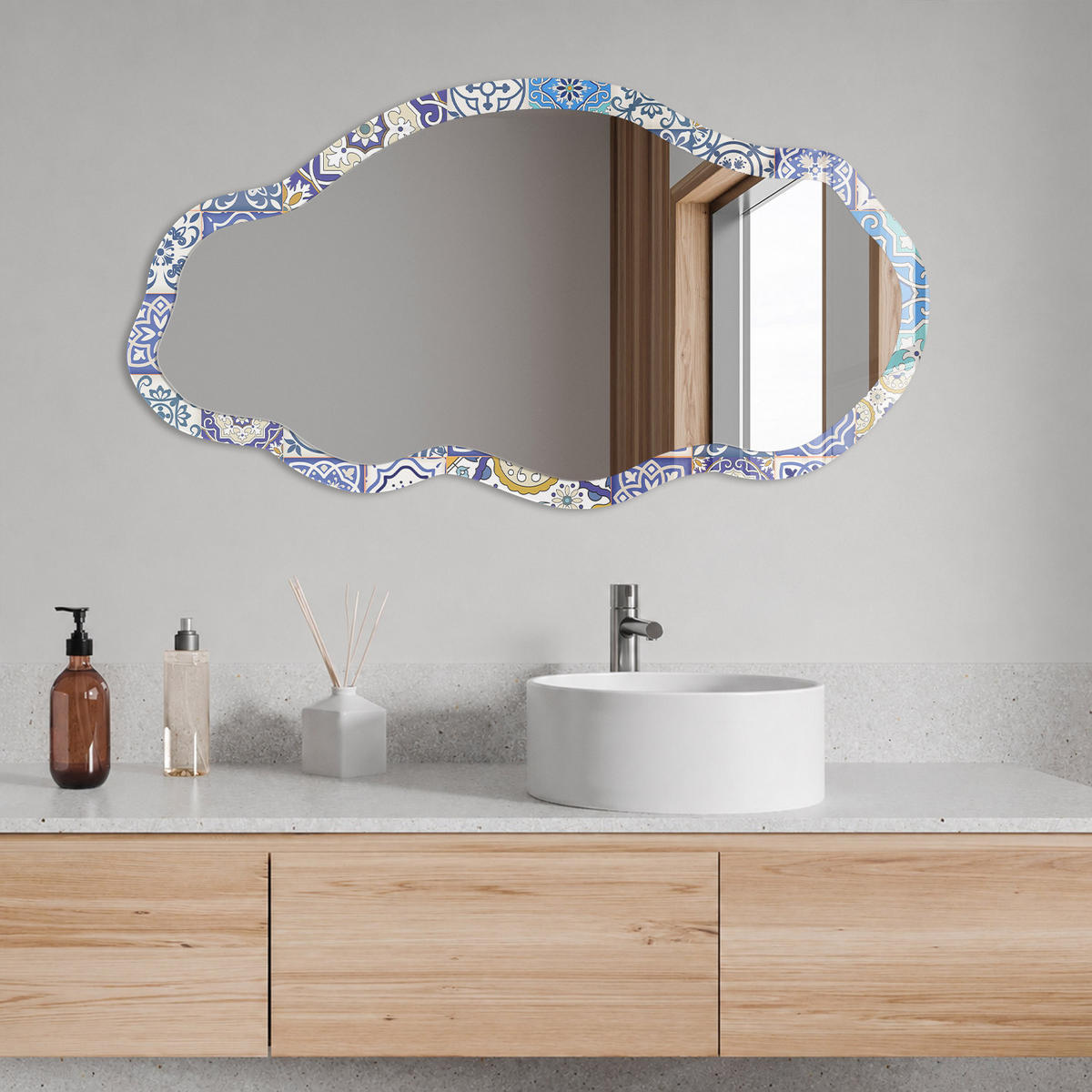 SPIEGEL 90x45 cm asymmetrisch mit Druck - Originalmosaik - Transparent, Glas (45/90/0.4cm) - TULUP