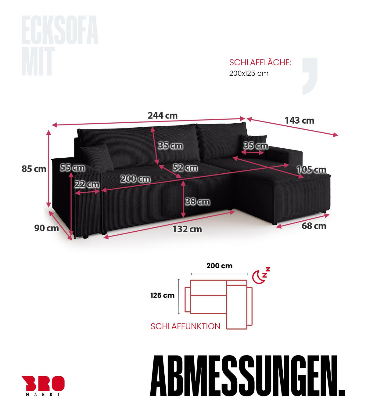 ECKSOFA ADI mit Schlaffunktion Schwarz Cord - Schwarz, Textil (244/143cm) - Bromarkt