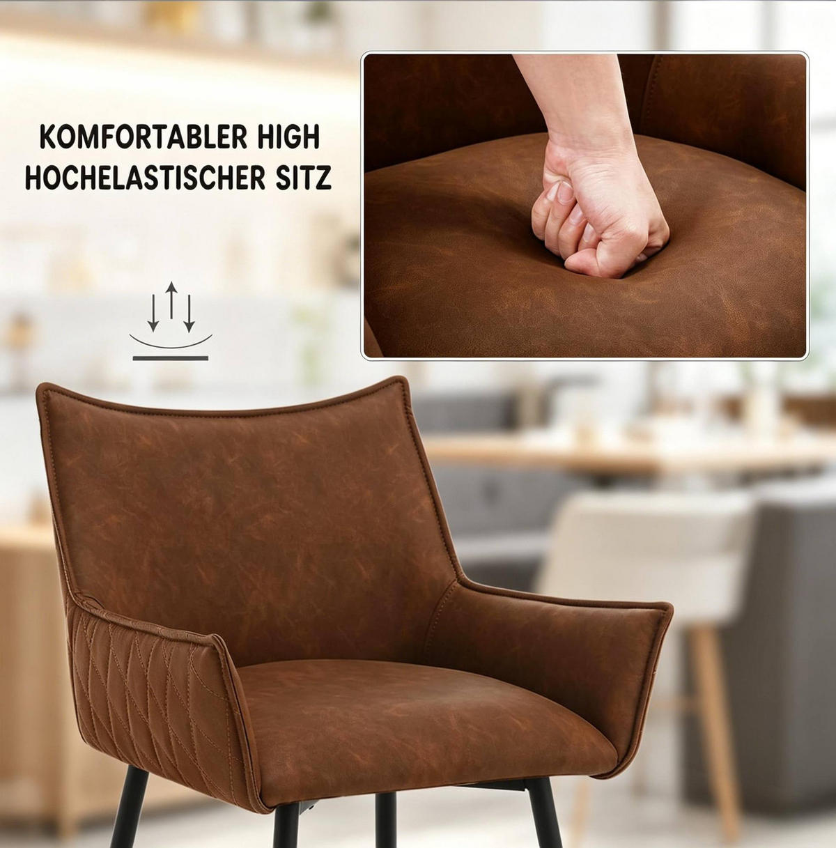 BARHOCKER 2er-Set mit Rückenlehne und Armlehnen, 62 cm Sitzhöhe, PU, Braun - Braun, Metall (49/90/51cm) - MIVRAY