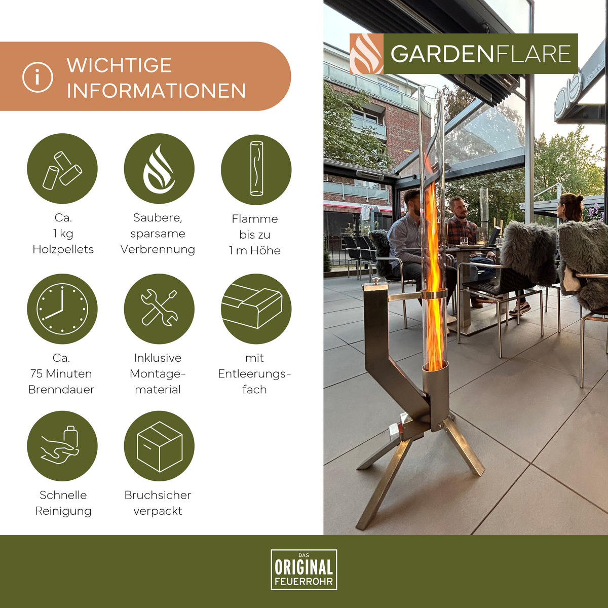 GARDENFLARE Feuerrohr – elegante Edelstahl Feuersäule und Pelletfackel - silber - Silberfarben, Metall (36/131/35cm) - Gardenflare